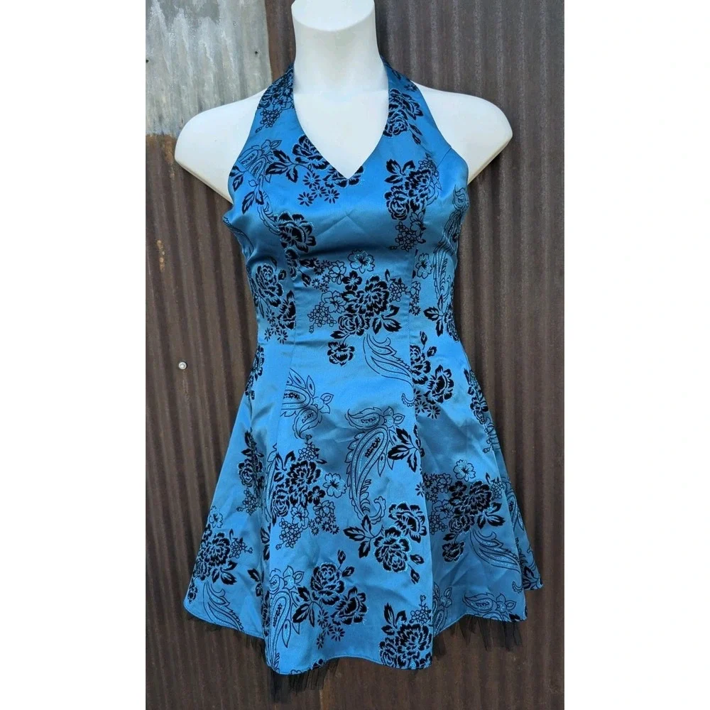 Vintage Y2K Teal Halter Dress Size 7 Tulle Whimsigoth Fairy‎ Grunge Glitter Prom
